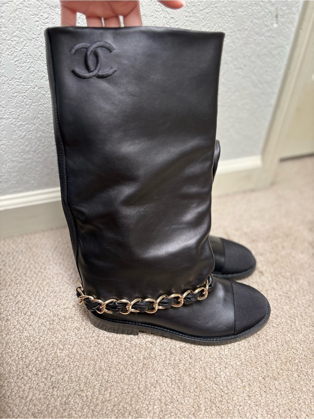 DESIGNER (Unbranded) Black Leather Gold Chain Accent Knee Boots